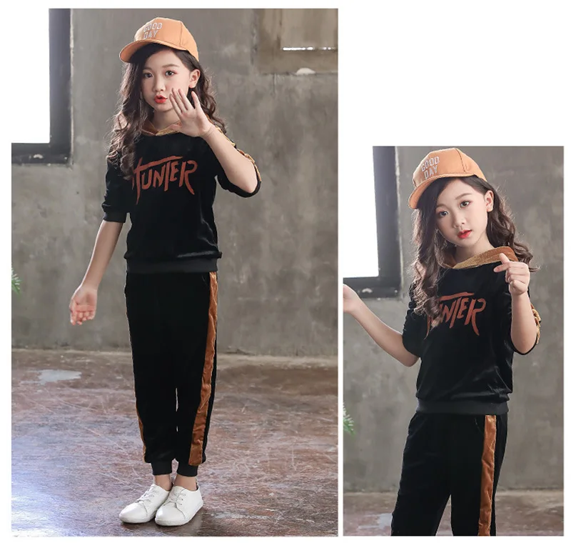 spring girls clothing sets kids girls clothes gold velvet two-piece suit children sport suit for girls (1)