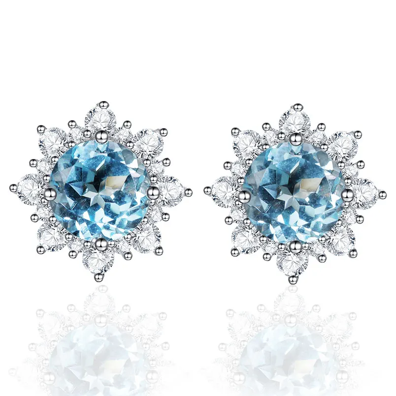 Blue Topaz Earrings Kuolit 4.7ct натуральный круглый Небесно-Голубой Топаз Драгоценные камни серьги гвоздики для женщин женские из натуральной 925 пробы серебряные Роскошные ювелирные изделия - Цвет камня: Blue Topaz Earrings
