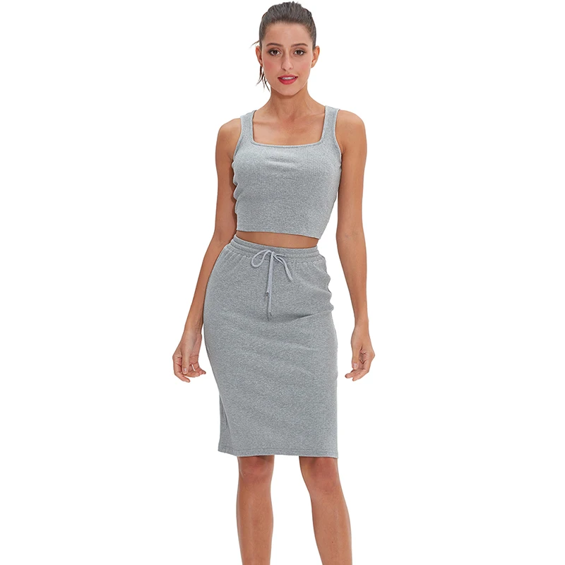 

100% Knitted Cotton Summer sleeveless Square Collar Women Jumpsuit Set Casual Elegant Drawstring Girls Dress playsuit M30174