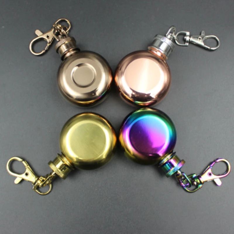 

Mini 1oz Stainless Steel Round Small Hip Flasks Flagon With Keychain Whiskey Alcoholic Liquor Hip Flask Portable Drinkware