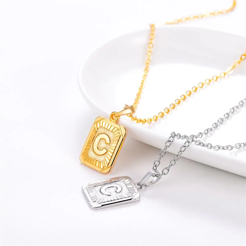 U7 Square Letters Necklaces Pendant Chain Necklace for Women Men English Initial Name Alphabet Jewelry Best Birthday Gifts P1196 - Окраска металла: C