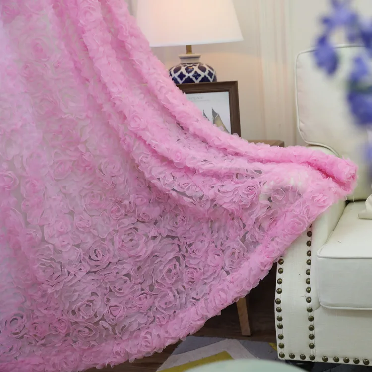 Простые современные трехмерные вышитые розы шторы Чистая Пряжа небольшой свежий сплошной белый розовый свадебный спальня Марля WP148D - Цвет: Розовый