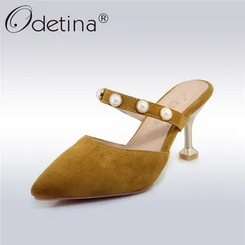

Odetina New Fashion Ladies Pointed Toe Pumps Sexy Mules High Heels with Pearls Slingback Womens Summer Shoes Big Size 32-43