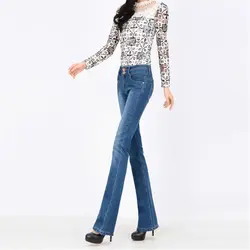 Для женщин; Большие размеры пересечения линии Лоскутное середине низкой талией Эластичные штаны джинсы женские ботфорты Размеры