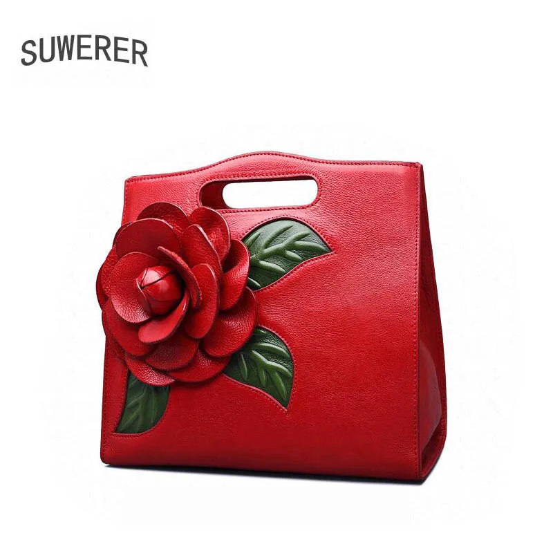

SUWERER top cowhide women genuine Leather bags luxury women handbags fashion Three-dimensional flowers tote women leather bag