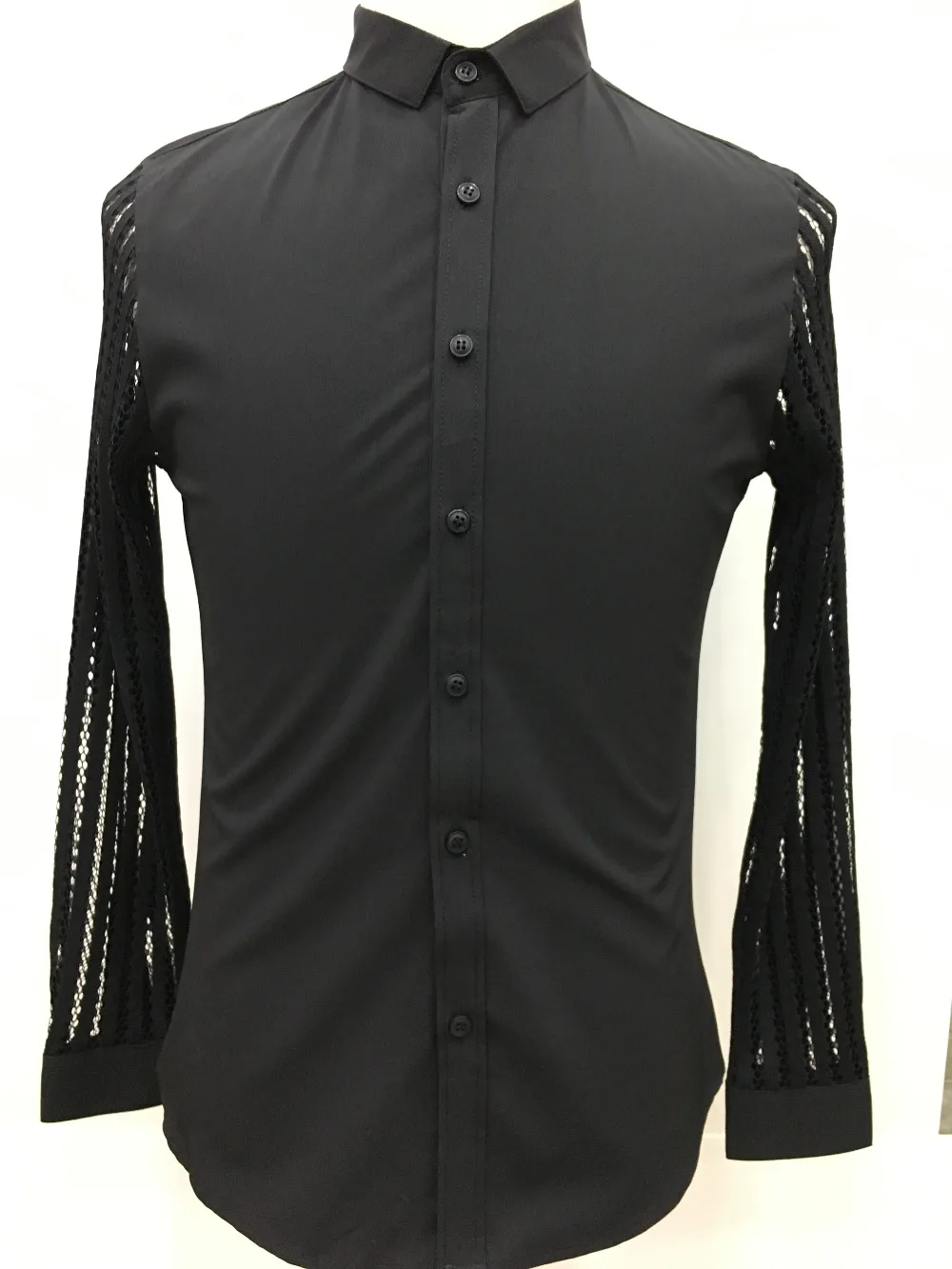 Men Shirt 2019 Spring Hollow Lace Patchwork Long Sleeve Shirt Men Streetwear Mens Shirts Casual Slim Fit Night Club Dress Tuxedo