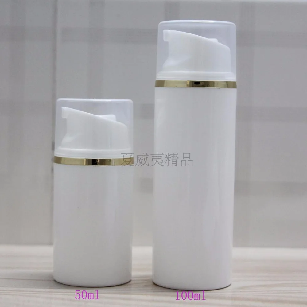 

100ml white airless vacuum pump lotion bottle with gold Line and clear cap ,100 ml vacuum Cosmetic Container with gold line