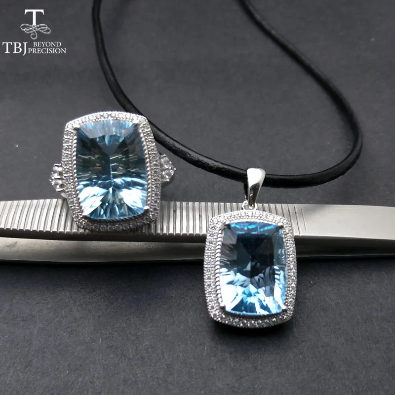 

TBJ, Big cushion cut Blue topaz jewelry set pendant and ring 925 sterling silver fine jewelry gemstone set for women with box