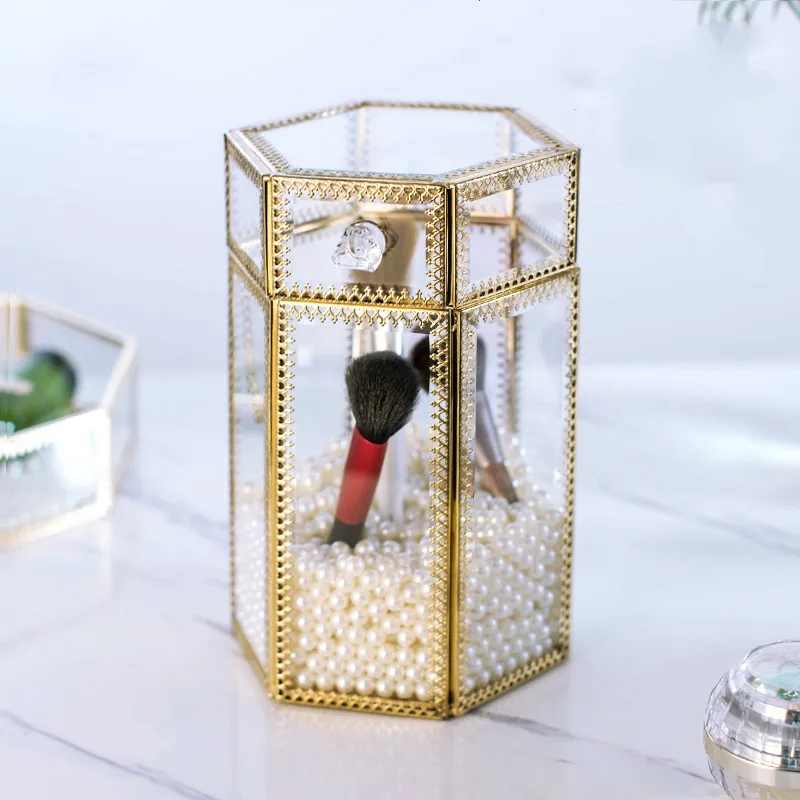 

Metal Retro Glass Transparent Storage Box Dust Cover Cover Dressing Table Jewelry Cosmetics Brush Barrel Jewelry Box Gift