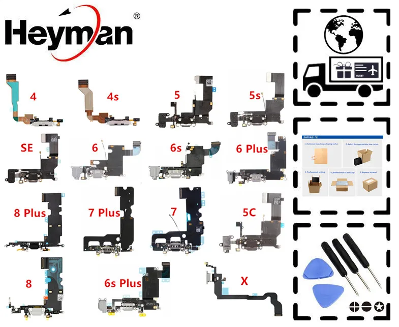 Плоский кабель Heyman для Apple iPhone 4/4S/5/5S/5C/SE/6/6splus/7 Plus/8/X/разъем для наушников/порт док-станция USB разъем для зарядки, микрофон