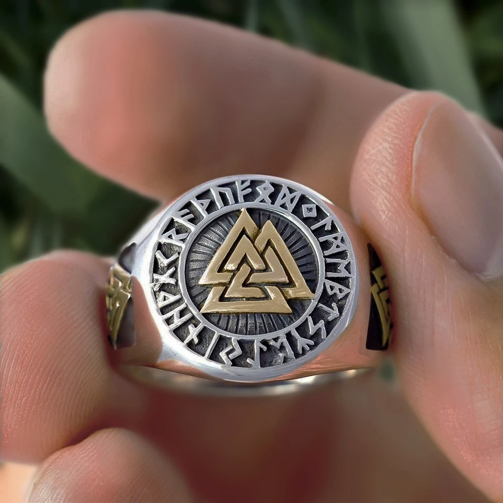 

Mens Gold and Silver Color Vegvisir Viking Stainless Steel Biker Rings Futhark Runes Vikings Triangle Odin Nordic Jewelry