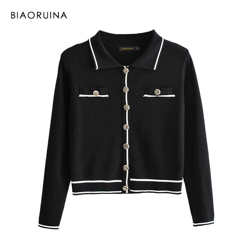 

BIAORUINA Women's Hit Color Chic Single Breasted Knitted Sweater Office Lady Elegant Slim Cardigans Turn-down Collar 2019 Autumn
