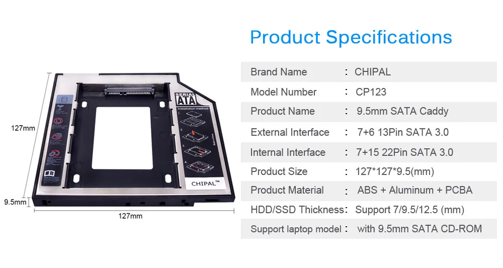 CHIPAL Universal SATA 3.0 LED 2nd HDD Caddy 9.5mm 12.7mm for 2.5" 2TB SSD Case Hard Disk Enclosure for Laptop CD-ROM DVD-ROM best external hard drive enclosure