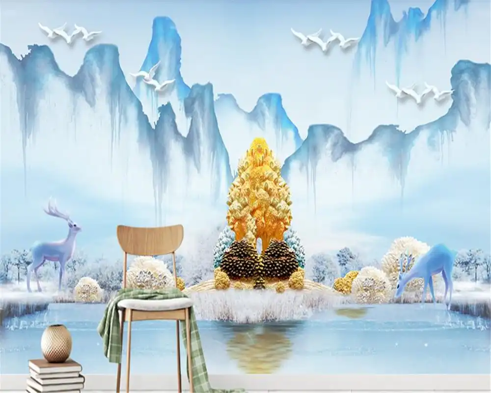 Beibehang 3d 壁の壁画キッズルームの壁紙家の装飾水彩山ピーク金のなる木風景ウォール壁紙 3d Behang 壁紙 Aliexpress