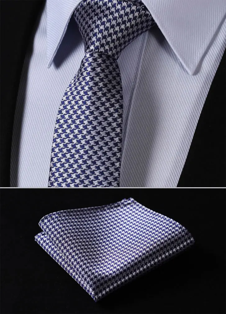 

TG1001V7 Blue Gray Houndstooth 2.75" 100%Silk Woven Slim Skinny Narrow Men Tie Necktie Handkerchief Pocket Square Suit Set