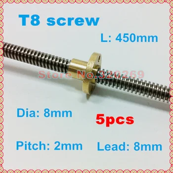

5pcs T8 type stainless steel 8mm Diameter trapezoidal lead screw L 450mm + flange copper brass nut for 3D Printer Z Axis