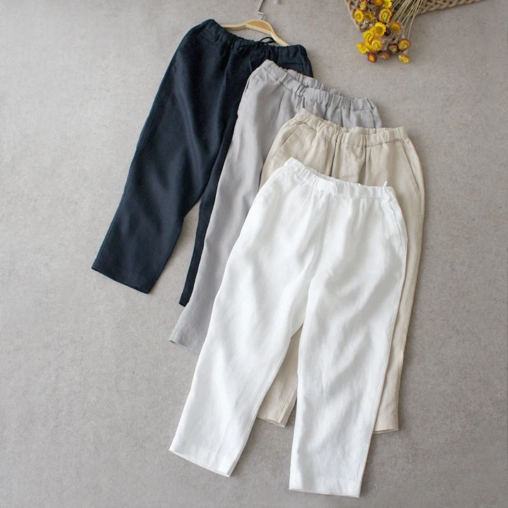 

Spring Summer Women Casual All-match Loose Plus Size Japanese Style Brief Linen Trousers Elastic Waist Pants