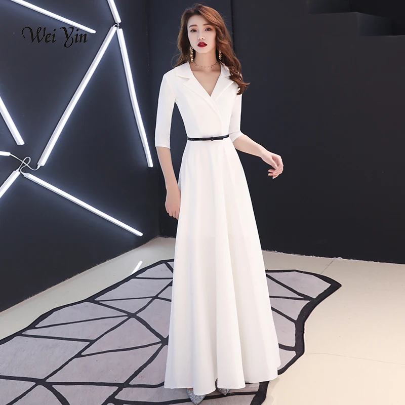 

weiyin White Evening Dress Elegant for Women Long Sexy Half Sleeves V Neck Prom Dresses 2019 Party Gown WY1190