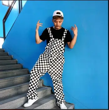 

European and American men hip hop street dance plaid pants leather pants bib pants men loose fashion casual jumpsuit