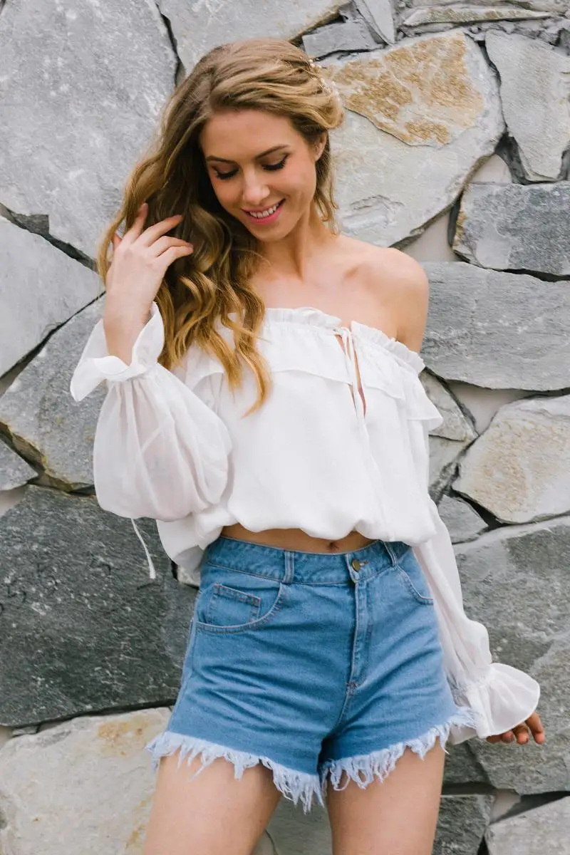 Sweet Women Casual Chiffon Blouse Shoulder off tops White Ruffles Chiffon clothes 2018 Summer Beach Blouse Outfit S-XL 7 (6)