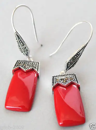 

Hot sell Noble- hot sell new - wb003 SILVER RED CORAL MARCASITE DANGLE EARRINGS