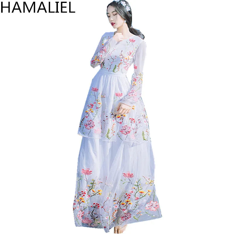 

HAMALIEL Mesh Embroidery Goddess Cake Long Dress 2018 Summer Women Long Sleeve Ruffles Maxi Dress Boho High Waist Beach Dress