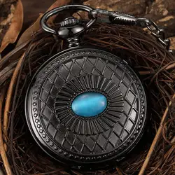 Винтаж стимпанк Черный Механические карманные часы с голубой бриллиант скелет руки ветер часы Для мужчин Для женщин коробка подарочная Reloj