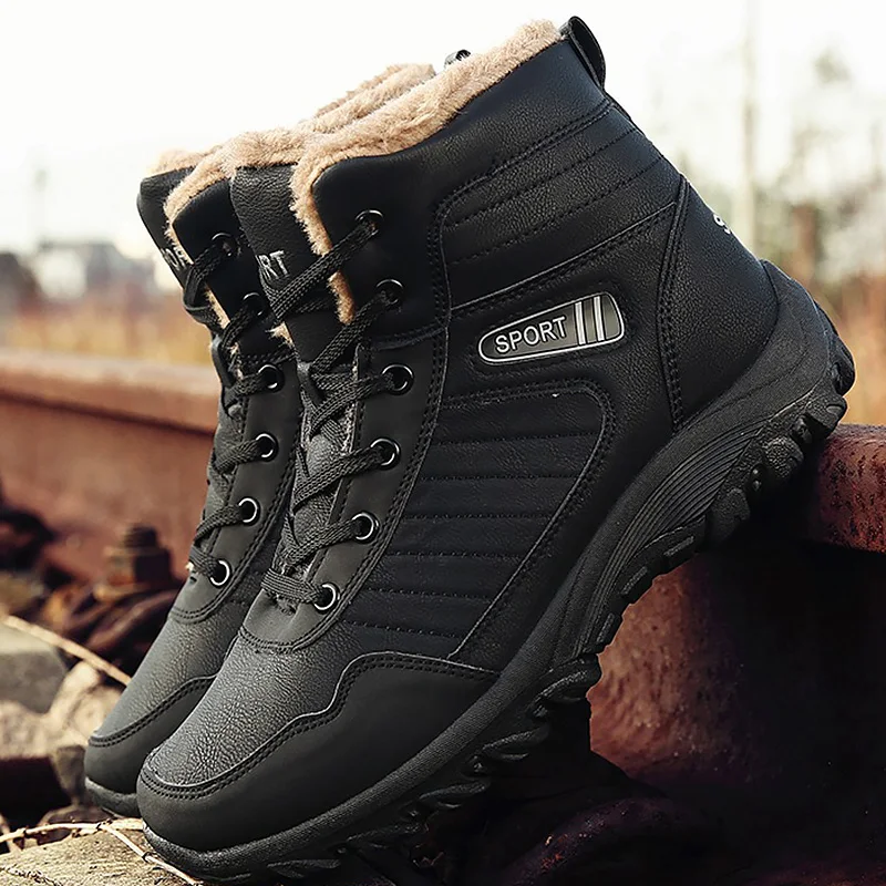

Snow boots black winter warm plush leather ankle boots men waterproof big size 6-11.5 non-slip designer brand shoes