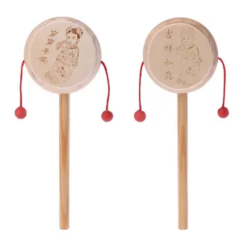 

1Pc Wood Cartoon Chinese Traditional Spinning Rattle Drum Hand Bell Baby Musical Toy