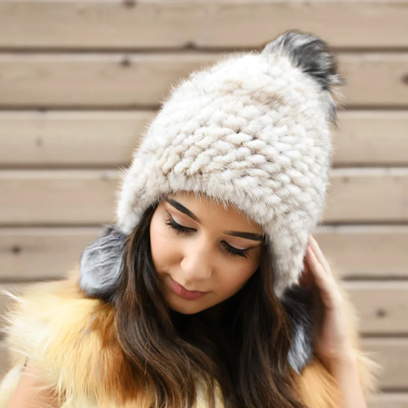 

CX-C-08C High Quality Warm Mink Fur Women Hats with Fox Fur Poms