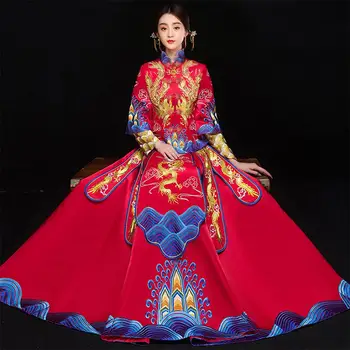 

Chinese National Wedding Dress RED Women Full Length Elegant Cheongsam Marriage Suit Dragon&Phoenix Vintage Bride Qipao S-XXL