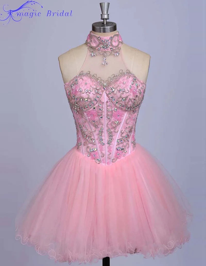 Real Pictures Beaded Homecoming Dresses Elegant Halter Pink Crystal
