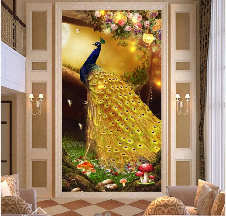 

3D photo wallpapers modern art painting living room entrance hallway mural Chinese bird Peacock Magnolia large mural wallpaper