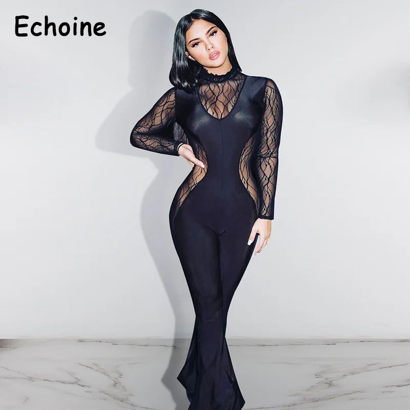 Echoine Sexy Sheer Mesh Lace Up Jumpsuit Long Sleeve Long Pants Bodycon Patchwork Party Clubwear Women