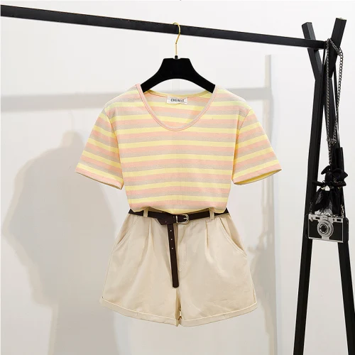 Fashion 2019 Summer Women Stripe T-Shirt + Shorts Casual 2 pcs set Female suits A1143