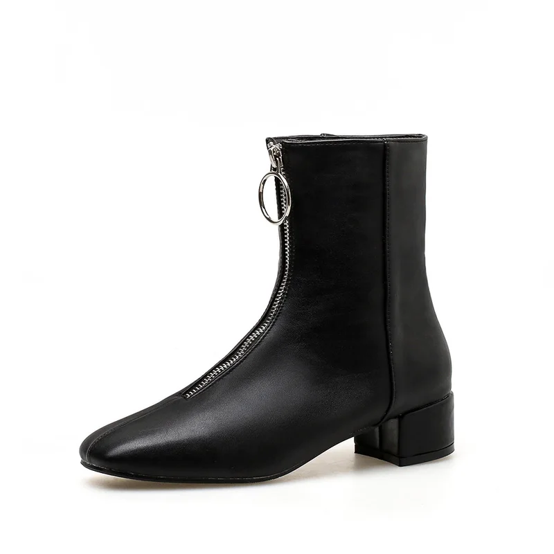 

GOXPACER Autumn Shoes Women Front Zip Women Martin Boots Ankle Square Toe Mid Heel Ring Decoration Fashion PU Women Boot 2018