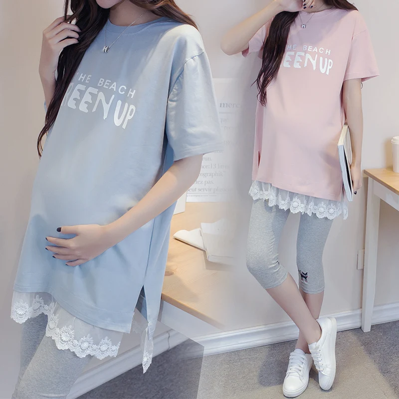 Costume d'été pour femme enceinte | Modèles de mode, robe de printemps, jupe longue en coton, T-shirt manches courtes, deux ensembles 2018