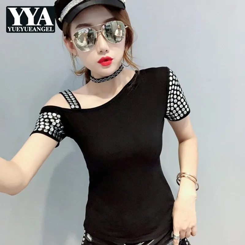 

Hot Sexy Summer Womens Off The Shoulder Slim Fit Rivet Top Tees Short Sleeve Pullover Plus Size 3XL Streetwear Ladies T-Shirts