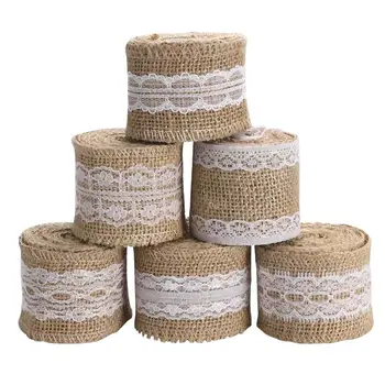 

6pcs Natural Burlap Craft Ribbon Roll with White Lace for DIY Manufacturing Wedding Craft Lace Linen