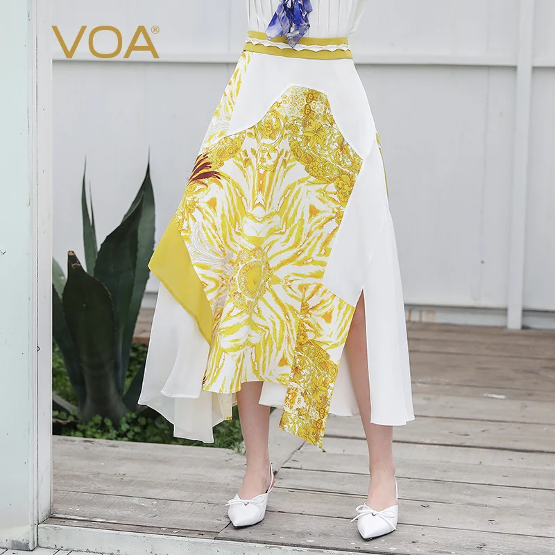 VOA Zijde EEN Lijn Rokken Vrouwen Lange Rok Plus Size 5XL Harajuku Zoete Leuke Gele Print Sexy Slit Zomer Elegante basic C585 VOA Zijde EEN Lijn Rokken Vrouwen Lange Rok Plus Size 5XL Harajuku Zoete Leuke Gele Print Sexy Slit Zomer Elegante basic C585