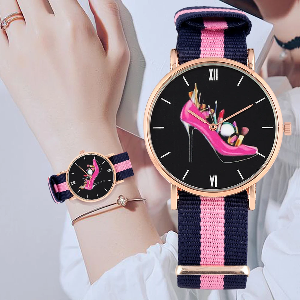 

Women's Watch Elegant Rose-red High Heeled Shoes Pattern Quartz Watch Nylon Strap Wristwatch for Lady