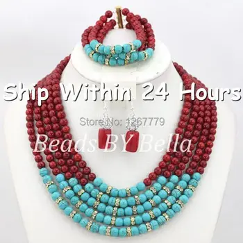 

New Design Red Coral&Stone Jewelry Necklace Set Nigerian Party Beads Set New Style Wedding Costume Set Free Shipping ABC497