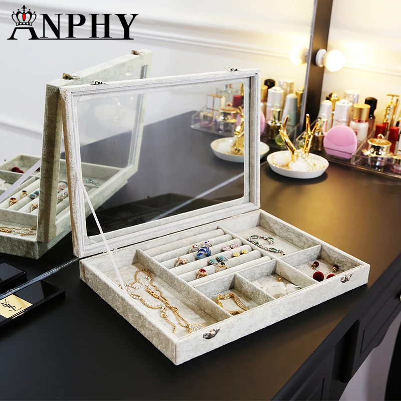 ANFEI New Mixed Jewelry Box Tray Necklace/Ring/Earrings/ Display Box Velvet Jewelry Organizer Box Bead Container Storage A255-11