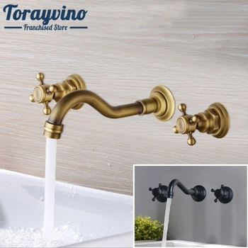 

Torayvino 3PCS Bathroom brass Sink torneiras Faucet Mixer wall Mounted Antique Brass Hot & Cold Water Bathtub Basin Faucets Tap