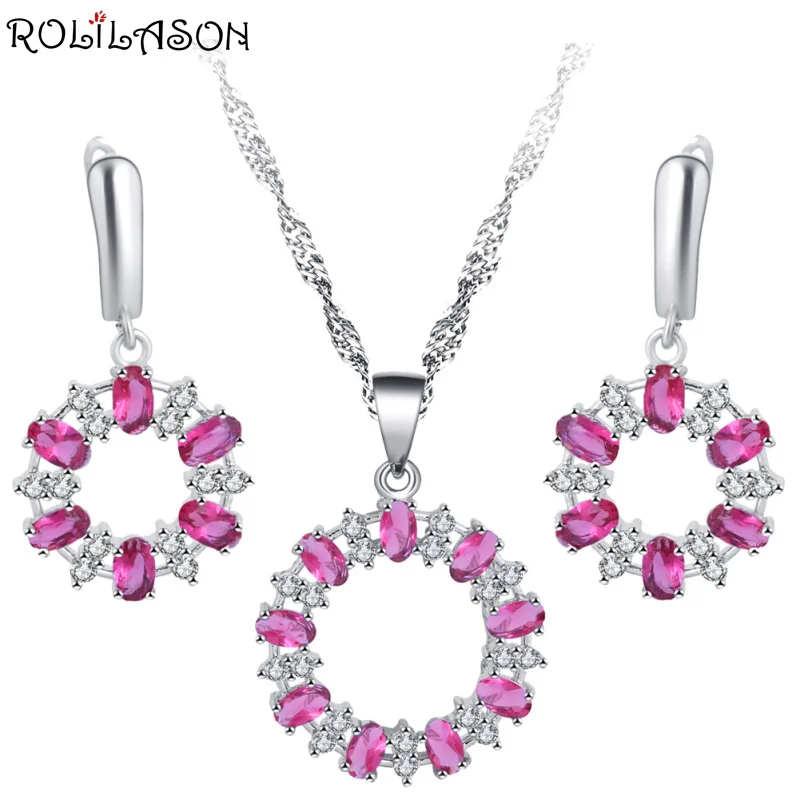 

ROLILASON pink round crystal zircon 925 silver set earrings / necklace / pendant / high-end exquisite gift JS797