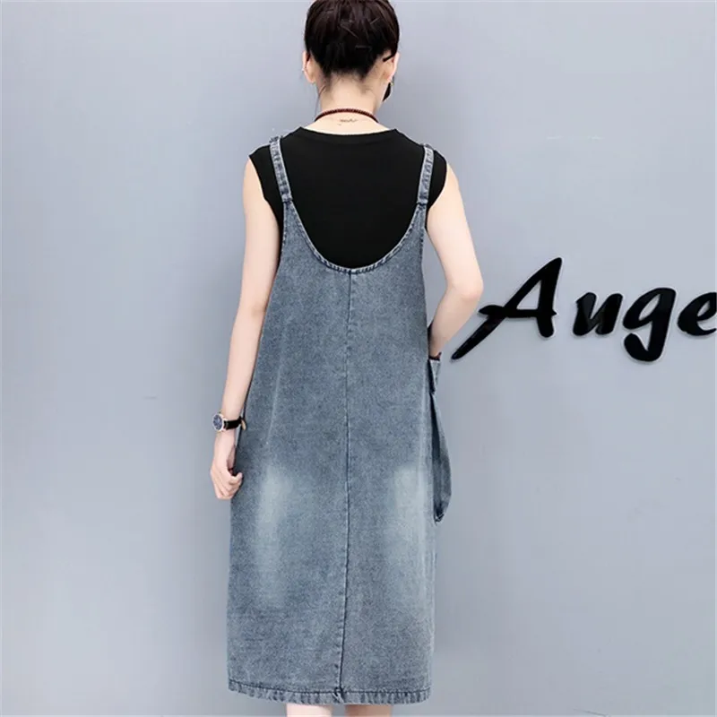 Denim Strap dress for women 2018 spring summer Big pocket Sleeveless jeans dress large size Young girl Loose dress IOQRCJV H462
