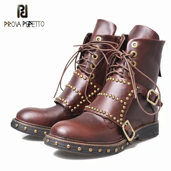 

Prova Perfetto Super Cool Genuine Leather Rivet Cross-tied Martin Boots Fashion Wine Red Color Zipper Round Toe Flat Short Boots