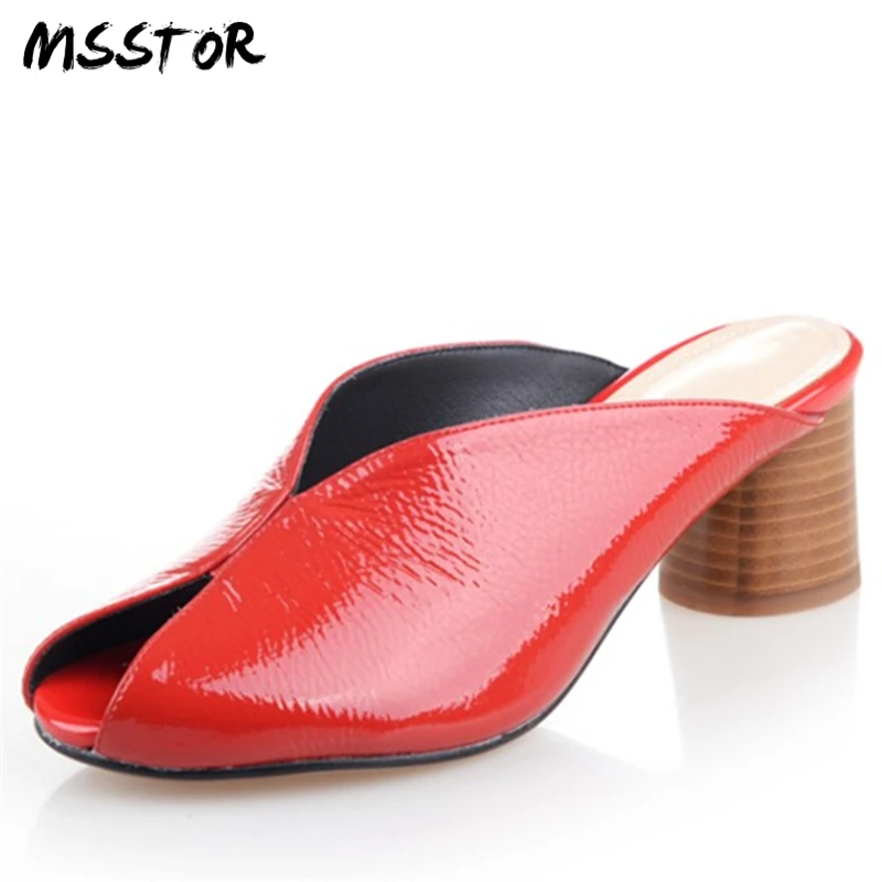 

MSSTOR Peep Toe Women Slippers Plus Size 33-43 Red Black Genuine Leather Fashion Sexy Summer Shoes Round Heels Mules Shoes Women