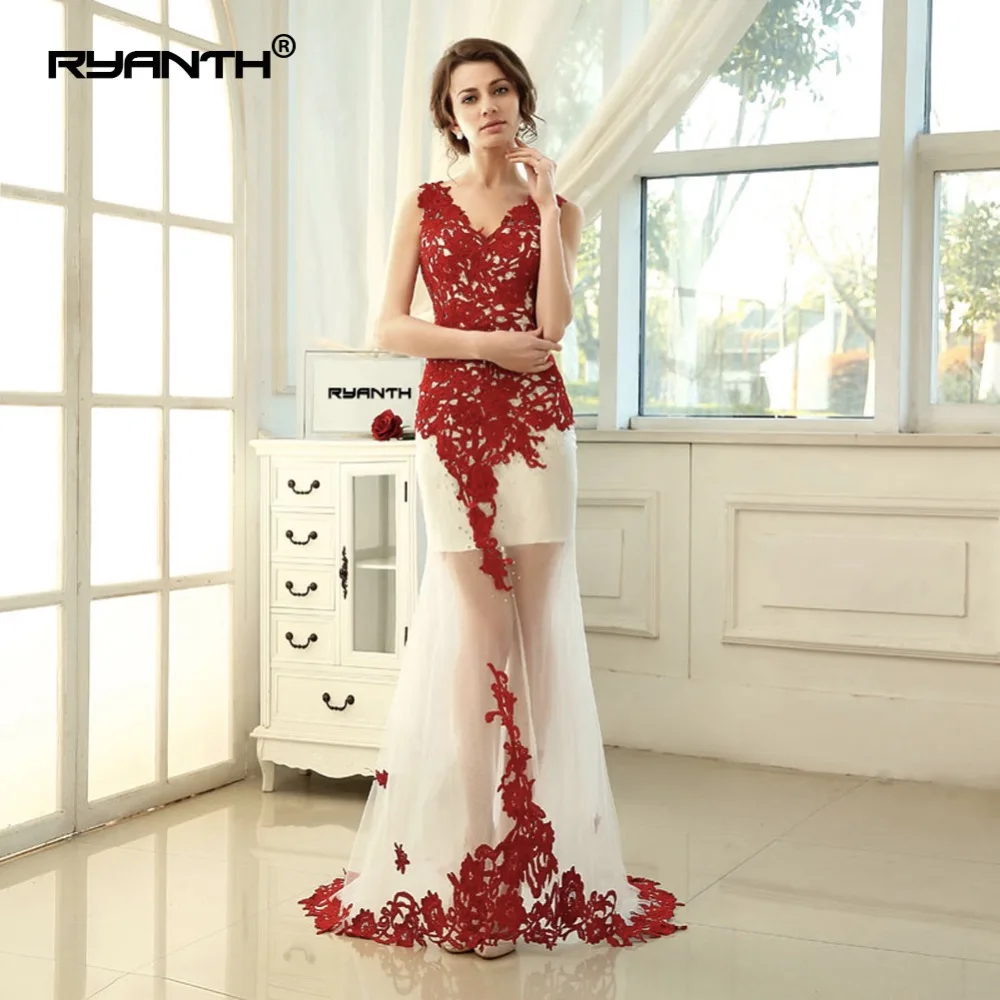 

Ryanth Lace Red Evening Dress Long V Neck Applique Mermaid Evening Party Dress With Long Train Sexy See Through Formal Prom Gown