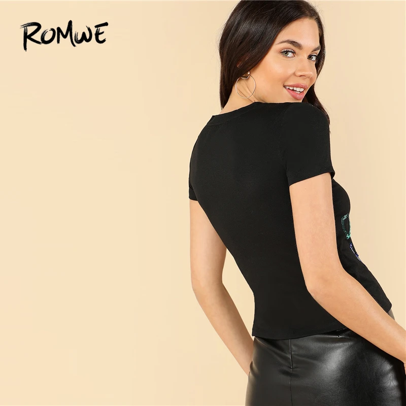 ROMWE/футболка с короткими рукавами с блестками и надписью, черная Летняя женская одежда, Топ для женщин, потрясающая тонкая рубашка с круглым вырезом